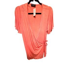 Lane Bryant Coral Pink Wrap Top Short Flutter Sleeve Lettuce Edge 14/16 NWT